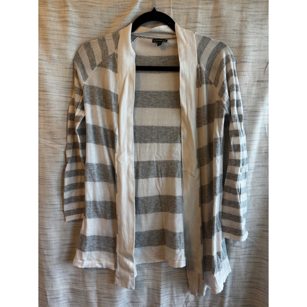 Express Womens Small Grey White Striped Open Front Cardigan Button Tab Sleeve